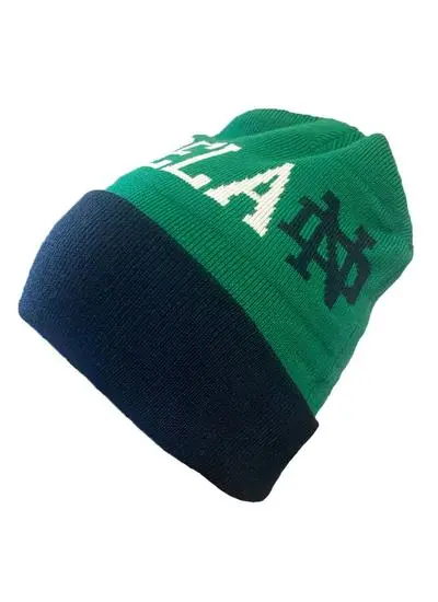 Emerald green beanie hat with navy trimming. Fighting Irish Notre Dame logo on front of hat.